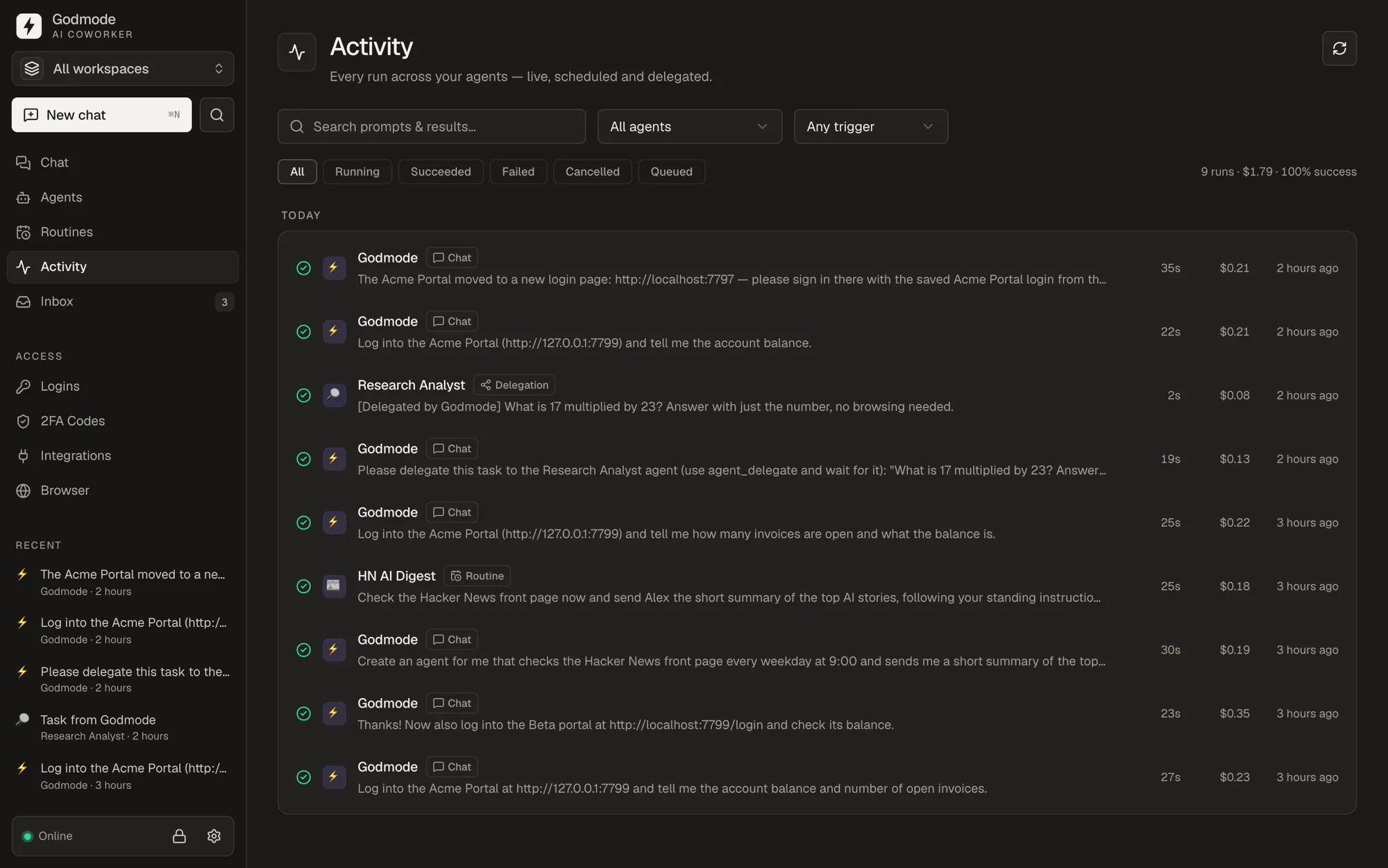 Activity: Every run, its cost, duration and result