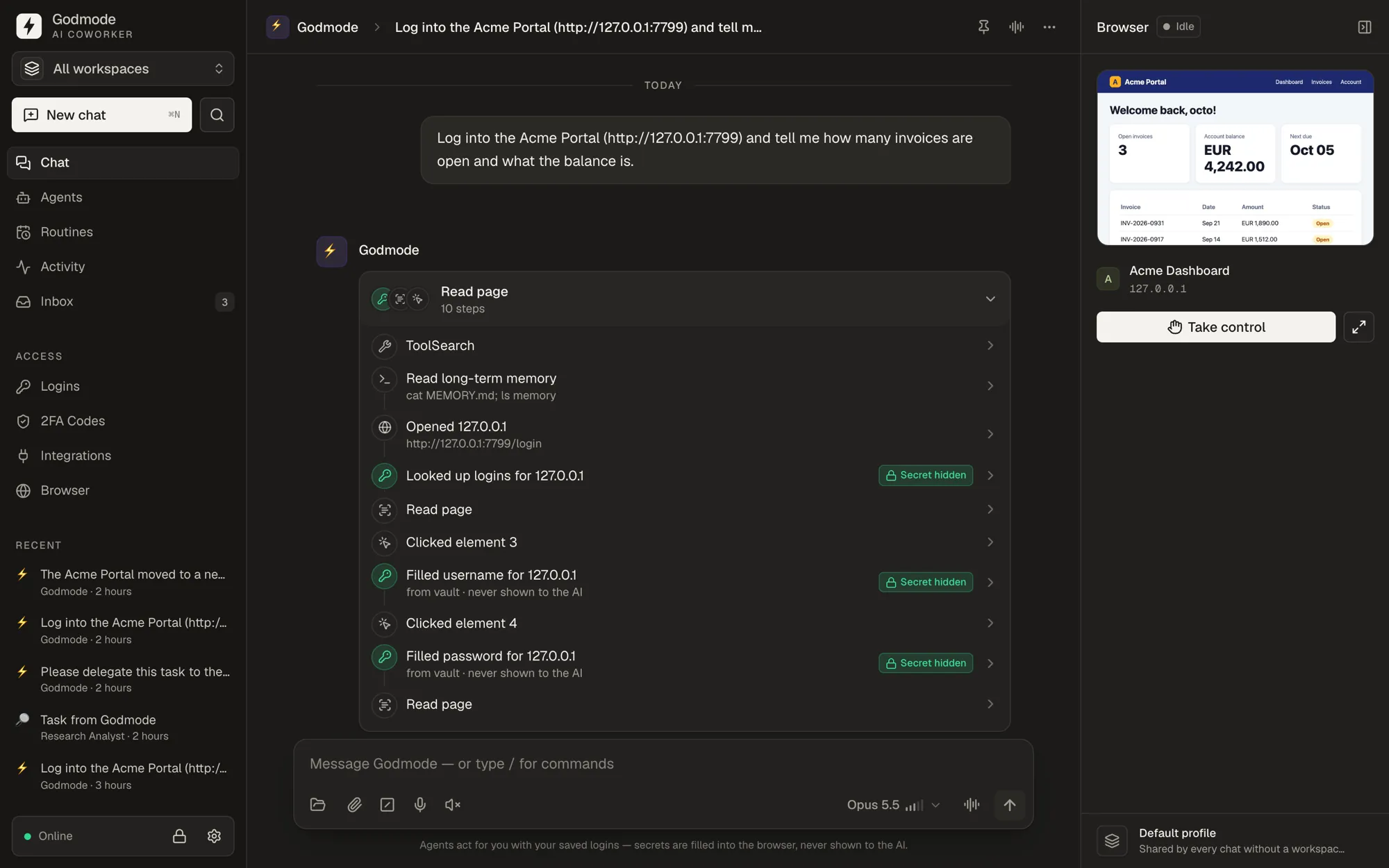 Godmode logging into a billing portal: the password and 2FA code are filled from the encrypted vault and marked ‘Secret hidden’, next to a live preview of its browser.
