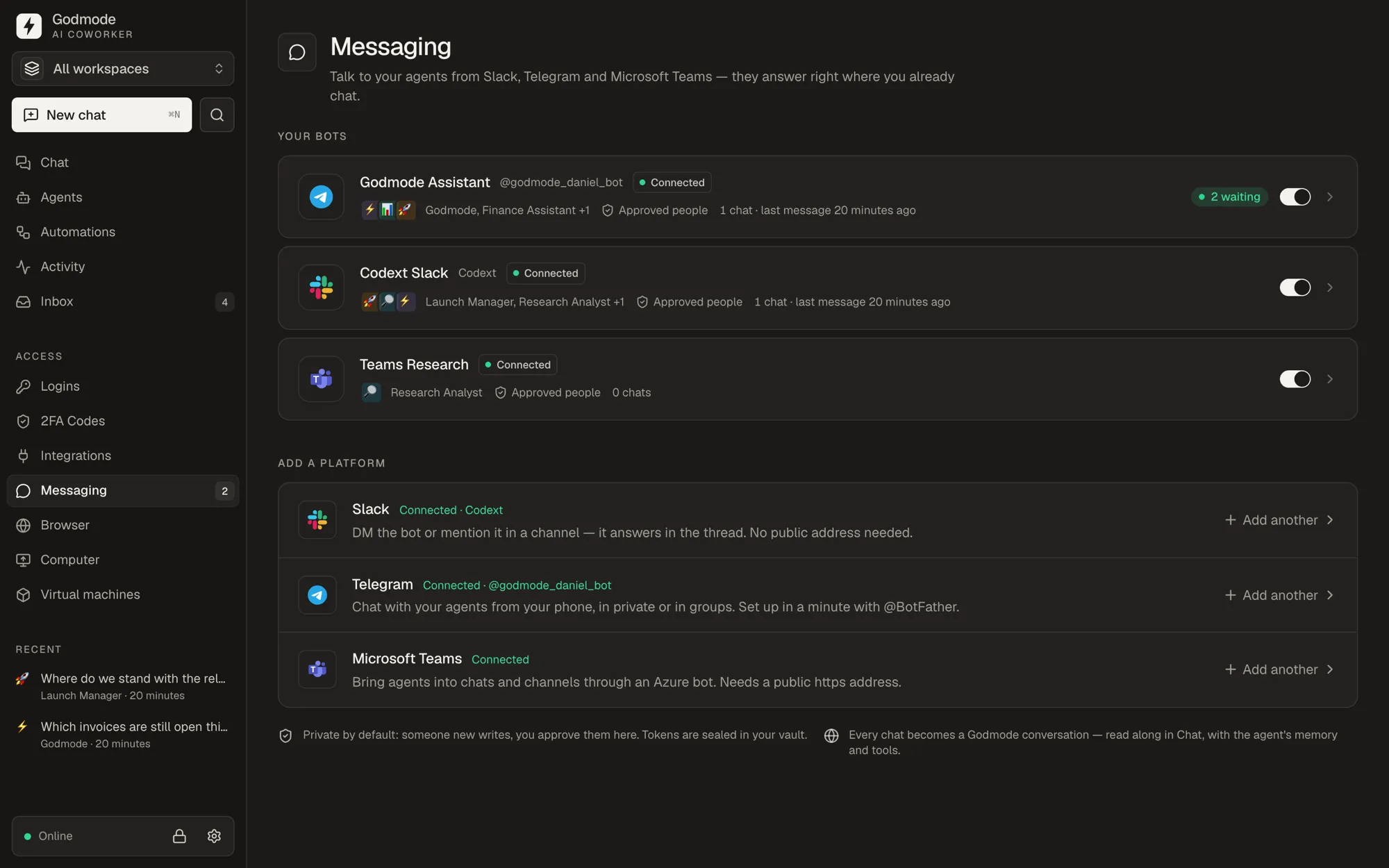 Chat apps: Slack, Telegram and Teams bots for your agents